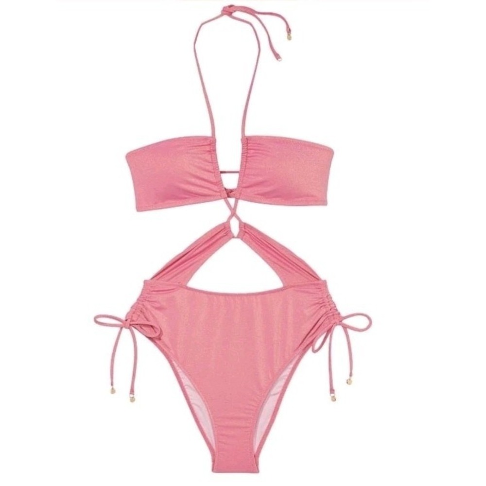 Victorias Secret Swim One Piece Cut Out Coral With Gold‎ Shimmer Size L NWT
